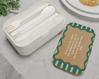Fiambrera bento / Oración "Dios es bueno, Dios es grande" / Bendición para la hora de la comida, bandeja de silicona, tapa de madera, juego de cubiertos