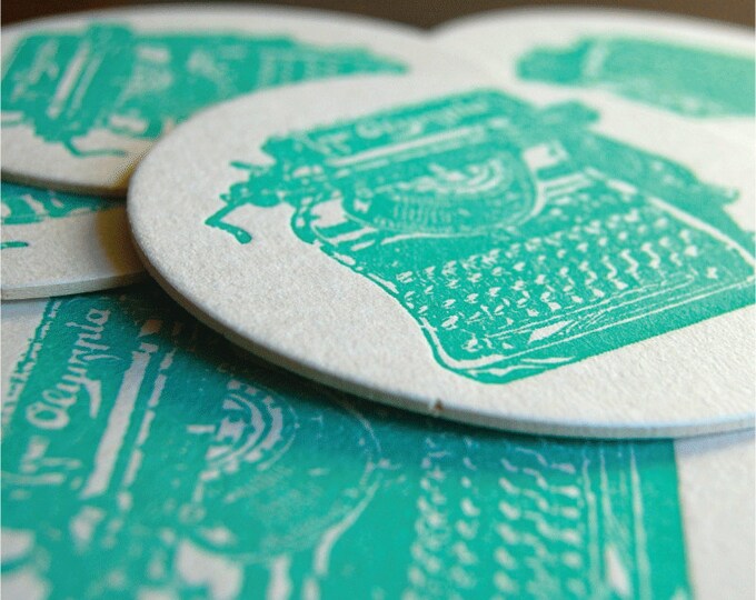 Antique Typewriter Teal Coaster Letterpress Printed SET of 8 Etsy