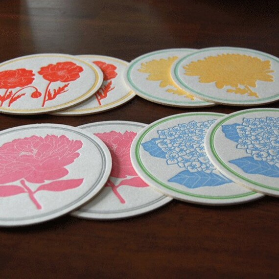 Items similar to Assorted Floral Coasters letterpress, SET of 8 on Etsy