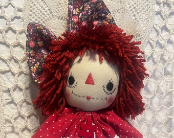 Primitive, Folk Art, Handmade, Original, Rag Doll, Raggedy Annie Doll, Vintage Look, Red Flower Dress, Cross Stitch Flower Tag