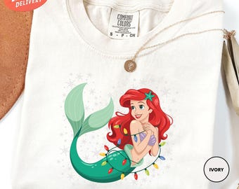 Comfort Colors Disney Princess Ariel Christmas Lights Shirt, The Little Mermaid Shirt, Disney Family Xmas Shirt, WDW Holiday Shirt