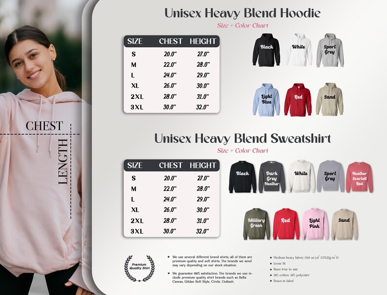 The image is a collage of various images, including a woman wearing a pink hoodie, a black and white sport sweatshirt, and a red and white sweatshirt. The collage also includes a chart with different sizes and colors of heavy blend hoodies and a chart with different sizes and colors of unisex heavy blend sweatshirts.
