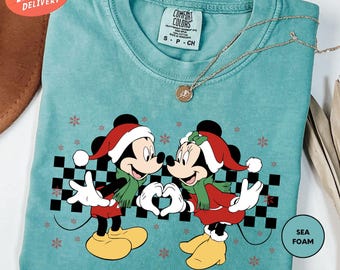 Comfort Colors Retro Mickey Minnie Christmas Shirt, Disney Family Christmas Shirt, Disney Couple Christmas Shirt, Christmas Party Shirt