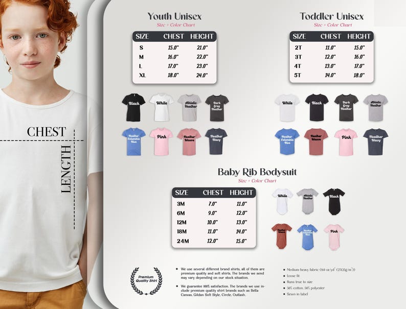 The image is a collage of various images, including a young girl with red hair, a variety of t-shirts, and a chart detailing the sizes and chest heights of different clothing items.