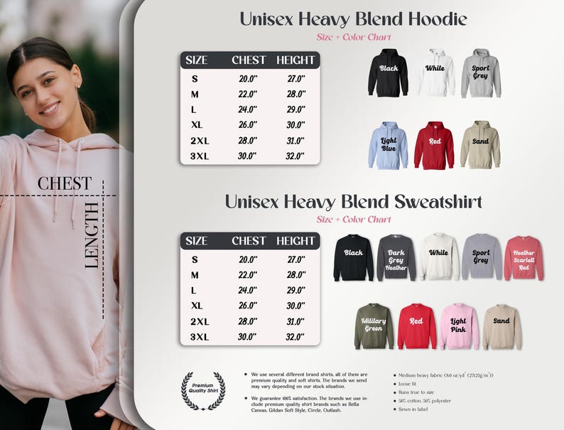 The image is a collage of various images, including a woman wearing a pink hoodie, a black and white sport sweatshirt, and a red and white sweatshirt. The collage also includes a chart with different sizes and colors of heavy blend hoodies and a chart with different sizes and colors of unisex heavy blend sweatshirts.