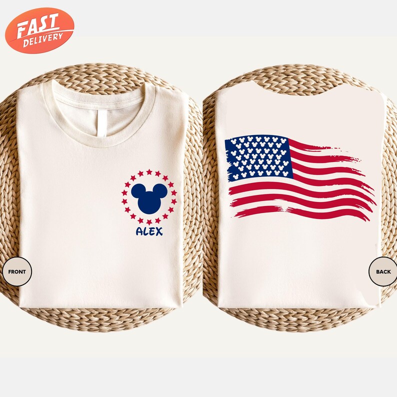 a pair of bibs with mickey mouse and american flag on them