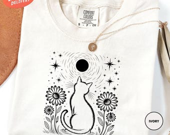 Comfort Colors Mystical Cat And Moon Shirt, Celestial Moon Cat Shirt, Floral Cat Tee, Cat Mom T-Shirt, Cat Lover Gift, Night Sky Kitty Tee