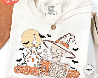 Comfort Colors Skeleton Pumpkin Shirt, Spooky Season Shirt, Halloween Coffee Shirt, Halloween Party Shirt, Funny Pumpkin Skeleton Shirt