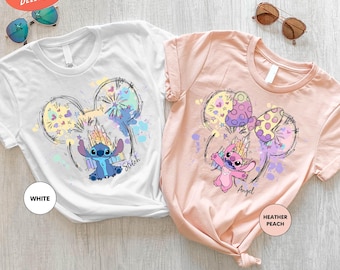 Disney Stitch And Angel Couple Matching Shirt, Disney Watercolor Castle Shirt, Disneyworld Shirt, Disney Honeymoon Shirt, Disney Trip Shirt