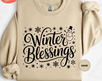 Winter Blessings-sweater, sneeuwpoptrui, vakantiesweater, familie wintertrui, gezellig seizoen feestelijke ronde hals, kersttrui