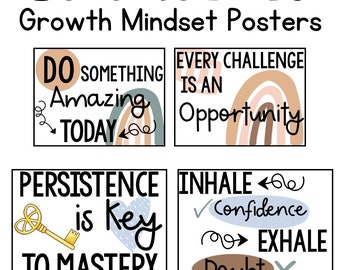 May include: Four colourful posters with inspirational quotes about growth mindset. The posters feature a boho neutral colour scheme with abstract shapes and illustrations. The quotes are: "Do something amazing today", "Every challenge is an opportunity", "Persistence is key to mastery", and "Inhale confidence, exhale doubt".