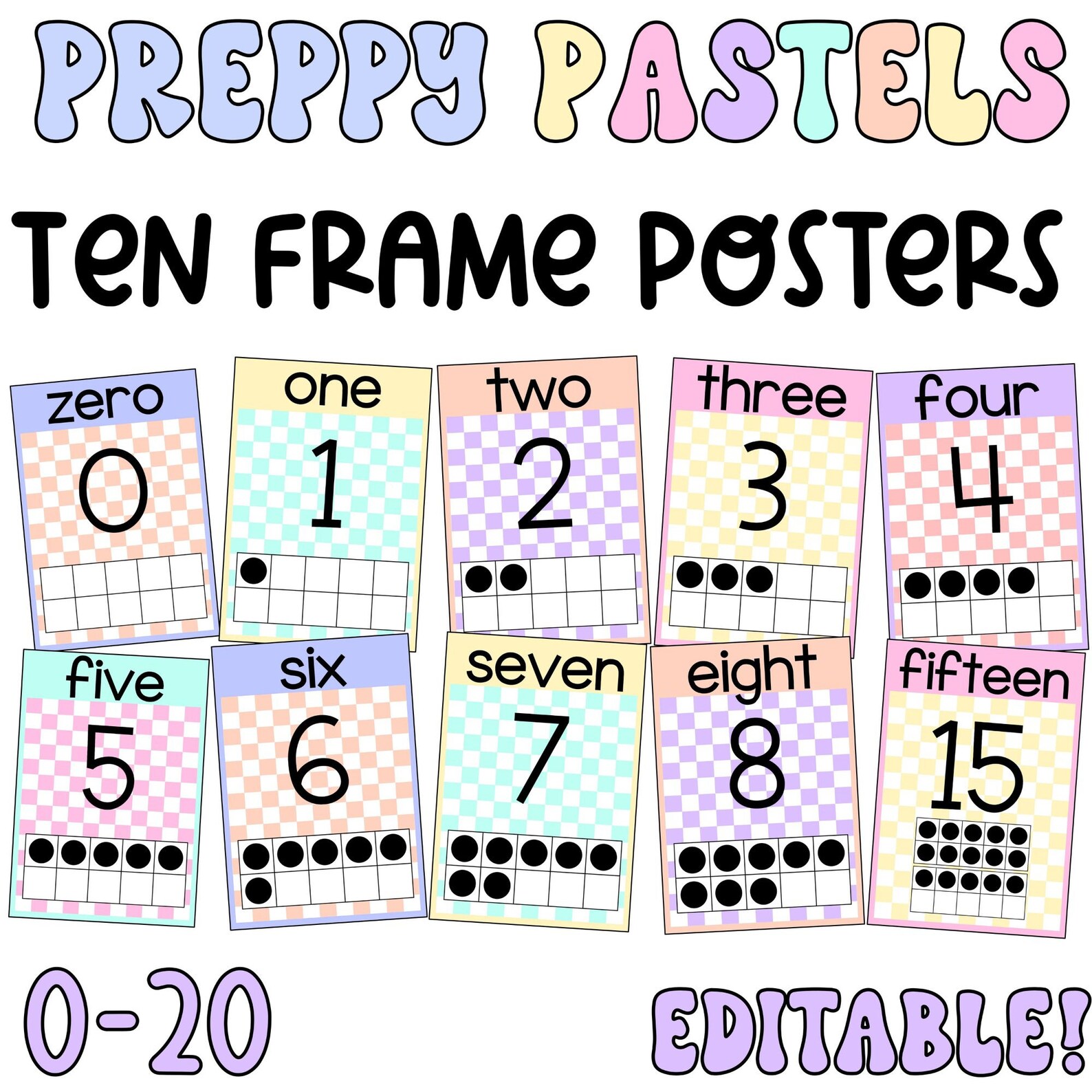 Preppy Pastels - Ten Frame Number Math Posters | Editable - Etsy