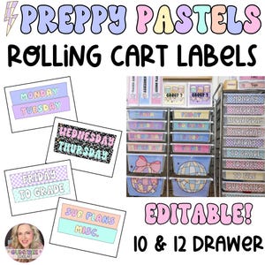 Preppy Pastells - 10 & 12 Schubladen Rollwagen Etiketten | Veränderbar