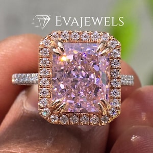 Baby Pink Ice Crush CZ Radiant Cut Halo & Hidden Halo Engagement Ring With Half Eternity Band-Vintage Style Radiant Cut Pave Set Bridal Ring