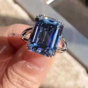 Emerald Cut Blue Sapphire Engagement Ring, Unique Blue Sapphire Anniversary Gift for women, Sterling Silver Ring, Promise Ring for her.