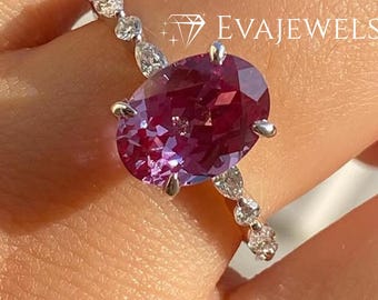 Alexandrite Pink Oval Cut Bridal Ring With Round & Marquise Accent Pave - Lab Created Alexandrite Oval Cut Engagement Ring -Anniversary Gift