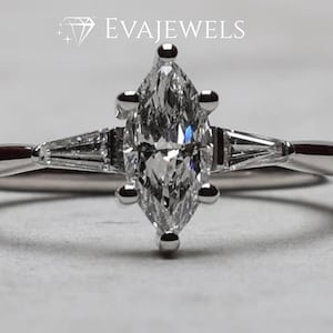 1.25 CT Marquise Cut IGI Certified Lab Grown Diamond Engagement Ring, Unique Three Stone Bridal Ring With Tapered Baguette Cut Side Stones.