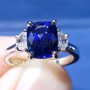 14k Solid White Gold Blue Sapphire Cushion Cut Engagement Ring With Half Moon Cut Moissanite Side Stones, 4 CT Blue Cushion Cut 3 Stone Ring