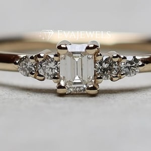 18k Solid Yellow Gold 0.75 CT Emerald Cut Lab Grown Diamond Engagement Ring With Round Cut Side Stones, Emerald Cut 5 Stone Lab Grown Ring.