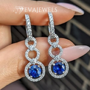 Royal Blue Crystal Earrings, Blue Sapphire Halo Earrings For Bride, Long Dangle Earrings for Women, Royal Blue Sapphire Drop Earrings.