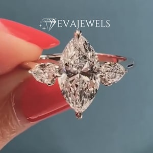 Vintage 2.50CT Marquise Cut 3 Stone Moissanite Engagement Ring, Marquise Moissanite Ring with Pear Cut Side Stones, Classy Anniversary Ring.