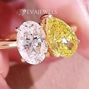 14k Solid Yellow Gold Toi Et Moi Ring, Yellow Pear & Oval Cut Two Stone Engagement Ring, 5.00 TCW Toi Et Moi Moissanite Anniversary Gift.