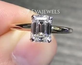 Anello di fidanzamento con diamante solitario gigante da 2,00 carati taglio smeraldo, coltivato in laboratorio, in oro giallo massiccio 14k, certificato IGI, colore E, purezza VVS2, per lei