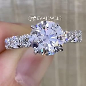 Round Cut Moissanite Engagement Ring With Round Accent Half Eternity Band, Classic 10 MM Round Brilliant Cut Pave Set Eternity Promise Ring.