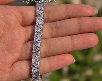 14K White Gold Tennis Bracelet 7mm Triangle Cut Moissanite Stones, Triangle Cut Dainty Silver Bracelet for Men Women, Anniversary Gift.