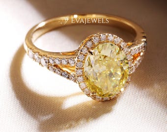 Yellow Oval Cut Halo Moissanite Engagement Ring With Split Shank Pave, 14k Yellow Gold Yellow Oval Cut Wedding Ring With Half Eternity Band.
