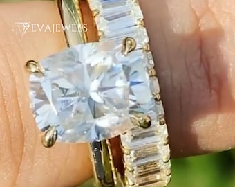14k Yellow Gold 3.00CT Elongated Cushion Cut Engagement Ring With Emerald Cut Full Eternity Band,   Elongated Cushion Cut Bridal Ring Set.