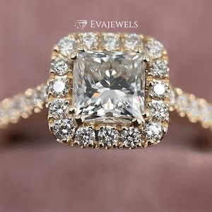 Solid Gold Princess Cut Halo & Hidden Halo Moissanite Engagement Ring With Half Eternity Band, Square Diamond Sparkle Statement Ring For Her