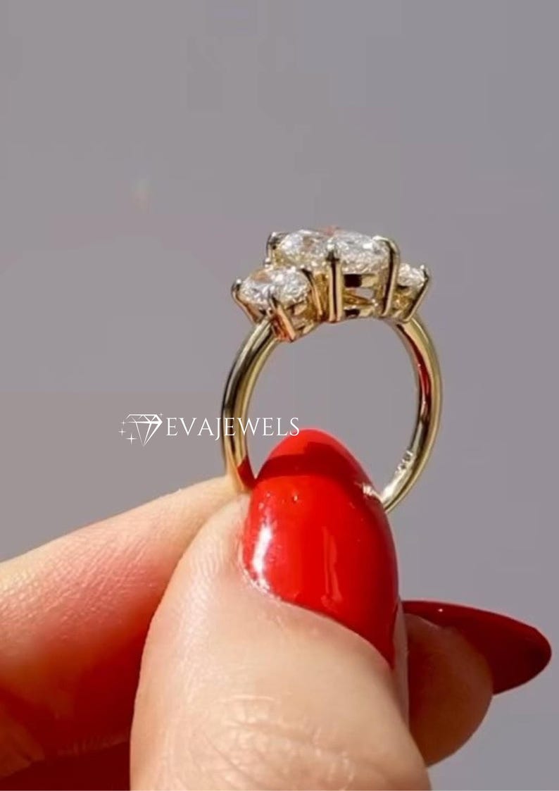 Oval Cut Moissanite Three Stone Ring Wedding Ring, 14K Solid Yellow ...