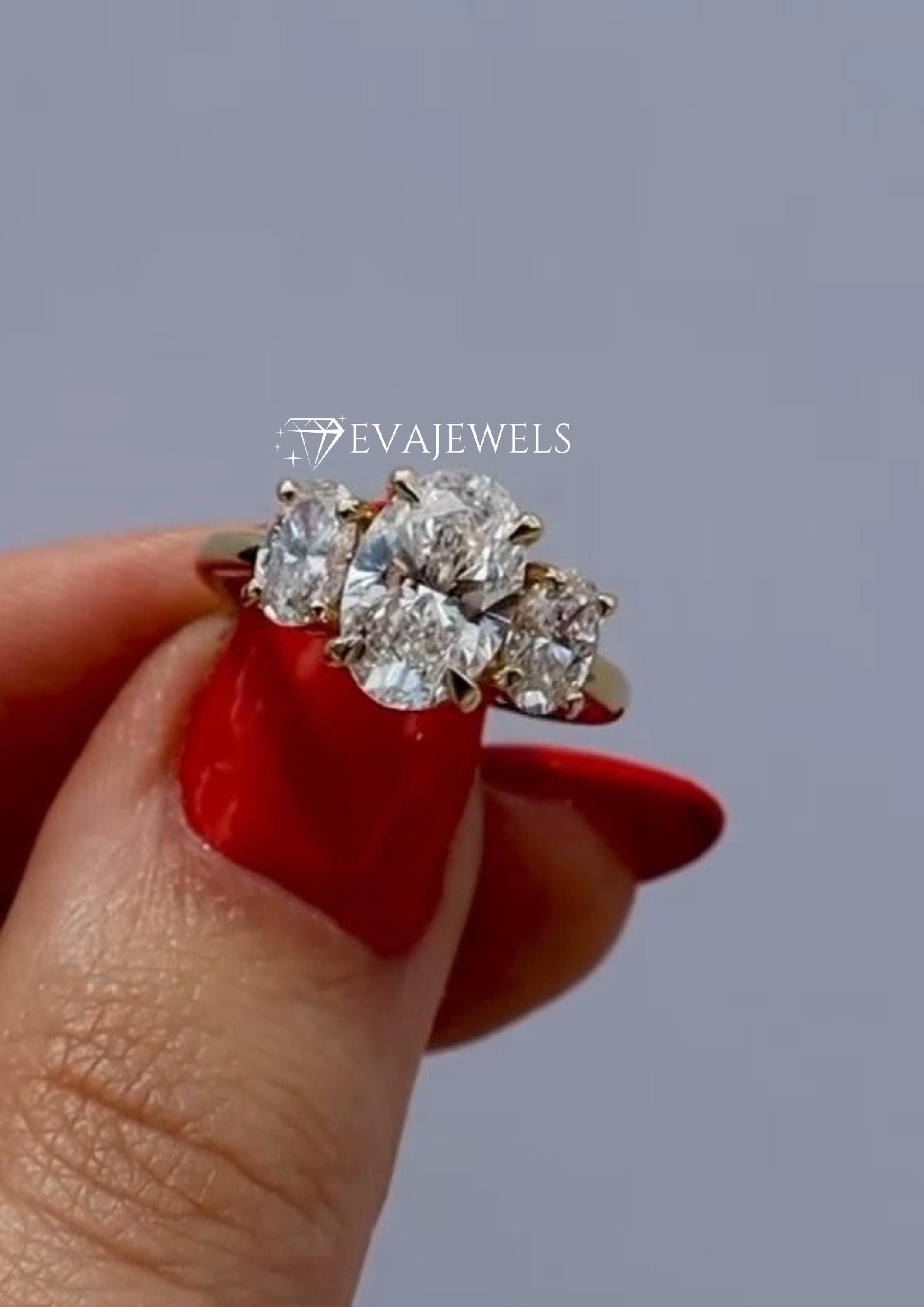 Oval Cut Moissanite Three Stone Ring Wedding Ring, 14K Solid Yellow ...