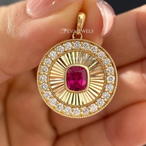 Cushion Cut Ruby Pendant, 14k Yellow Gold Ruby And Round Lab Grown Diamond Ballerina Disc Medallion Pendant, Ruby and Diamond Charm Pendant.