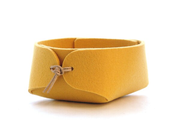 Yellow Felt Basket With Leather Strap Closure Japanese Inspired