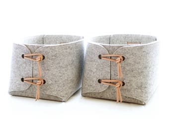 Set of two felt storage bins – extra sturdy gray wool felt with leather details