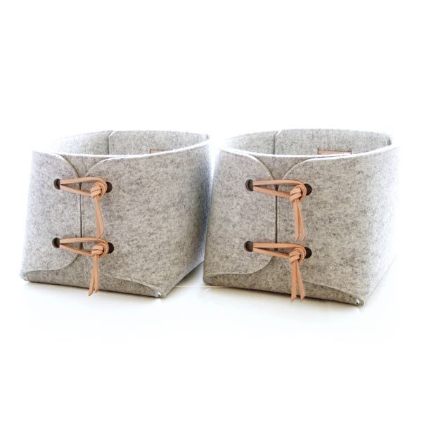 Set of two felt storage bins – extra sturdy gray wool felt with leather details