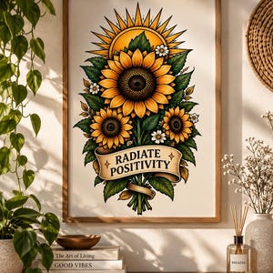 Peut inclure: Une affiche encadrée représentant trois tournesols avec des feuilles vertes et un soleil doré en arrière-plan. Une bannière en ruban beige située en bas porte l'inscription noire RADIATE POSITIVITY accompagnée de petites étoiles.