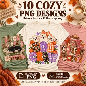 Peut inclure: Trois t-shirts avec des motifs graphiques : un vert avec un chat sur des livres, un crème avec des fantômes et le texte BOO CREW, et un rose avec une tasse de café. L'image contient le texte 10 COZY PNG DESIGNS, Retro, Books, Coffee, Spooky.