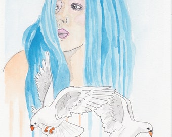 Original Art - Girl with doves painting, watercolor