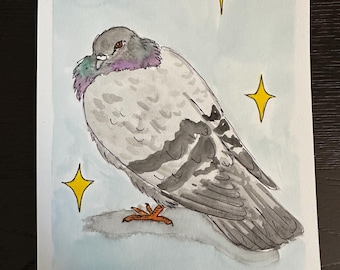 Original Painting - Grumpy Pigeon, bird, watercolor