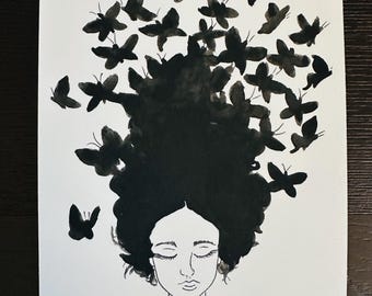 Original Painting - Butterfly, woman, portrait, watercolor
