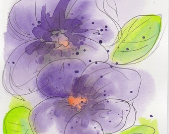 Original Art - Purple Flowers, abstract, painting, watercolor