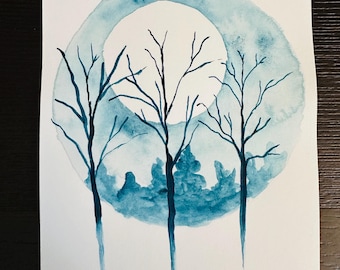 Original Painting - Trees and Moon, watercolor, abstract
