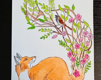 Original Painting - Brambles, watercolor, fox, bird