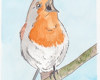 Original Painting - Singing Robin, watercolor, bird