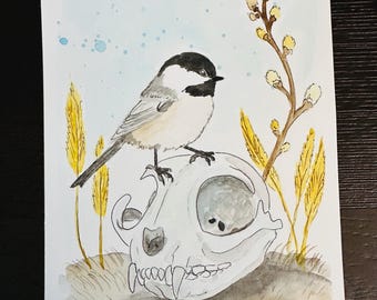 Original Painting - Chickadee, skull, watercolor, art