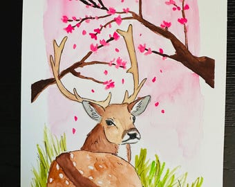 Original Painting - Cherry Blossom Deer, watercolor