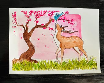Original Painting - Cherry Blossom Deer, watercolor